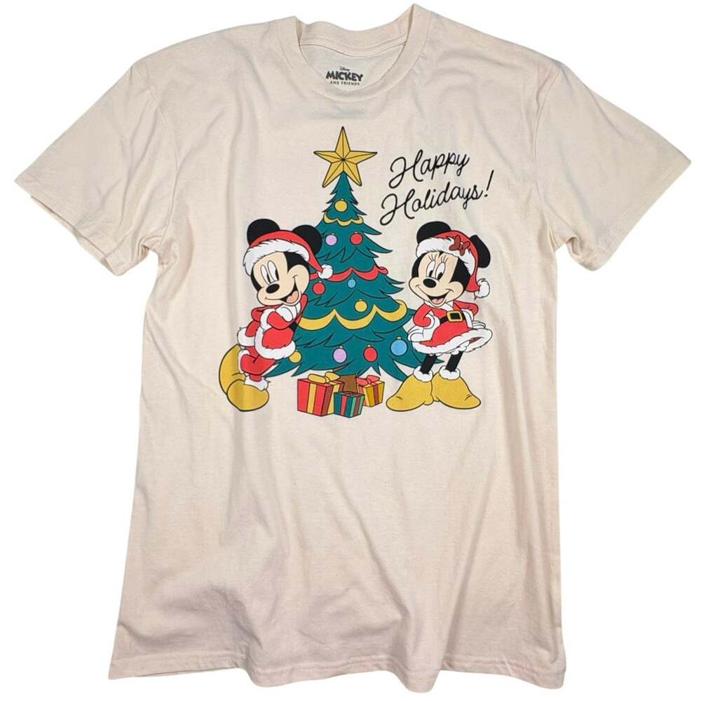 Disney Mickey & Friends Happy Holidays T-Shirt Women's M Ivory Christmas